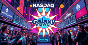 复古漫画风格封面展示Galaxy Digital股票在纳斯达克首日交易的热闹场景