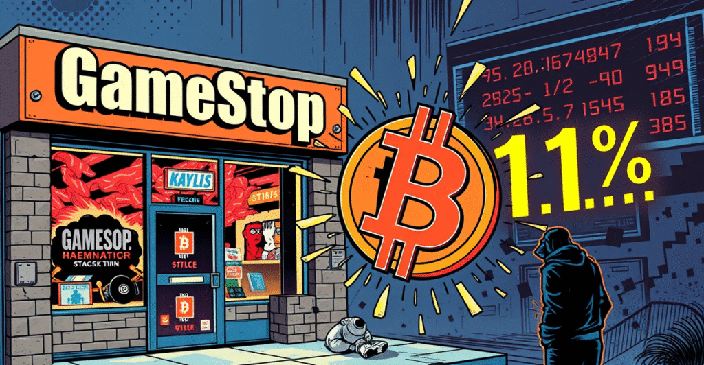 复古漫画风格插图展示GameStop商店前比特币符号坠落，象征股价暴跌11%