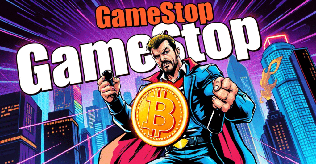 GameStop标志与发光比特币符号的复古漫画风格封面，象征其大胆的比特币投资