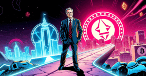 Gary Gensler站在十字路口，象征他在加密货币立场的复杂性，背景包含SEC标志和加密货币符号。