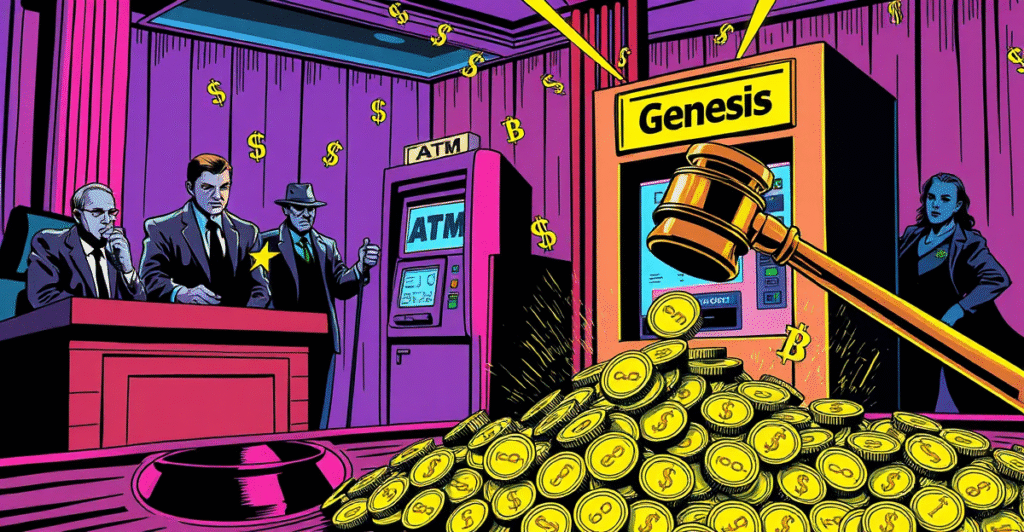 复古漫画风格插图展示Genesis对DCG及其CEO Barry Silbert的欺诈诉讼，法庭场景与加密货币