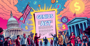 复古漫画风格封面展示GENIUS法案作为全球加密货币监管的关键，背景融合了美国地标和数字元素。