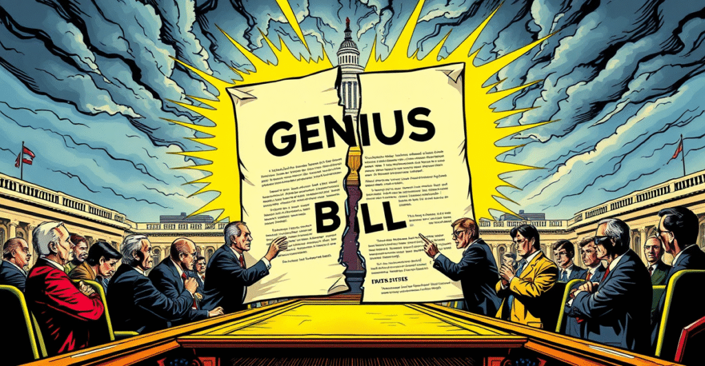 美国参议院内关于GENIUS法案的激烈辩论场景，象征加密货币监管的未来不确定性