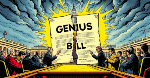 美国参议院内关于GENIUS法案的激烈辩论场景，象征加密货币监管的未来不确定性