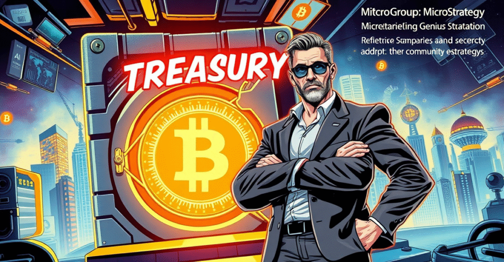 Genius Group CEO unlocking a futuristic Bitcoin vault, symbolizing the company's increased Bitcoin treasury holdings.