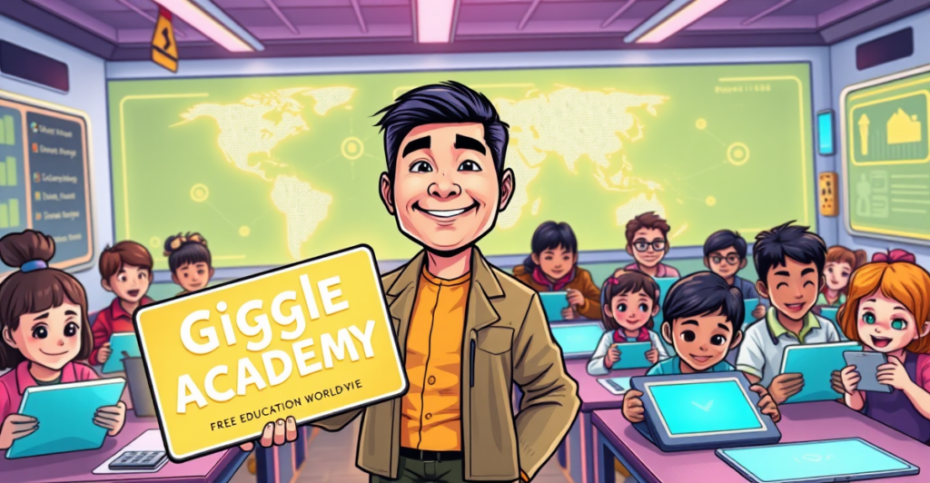 复古漫画风格封面展示CZ和全球儿童在Giggle Academy的免费教育环境中学习