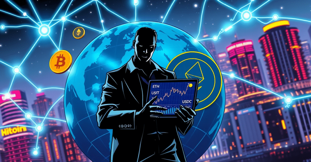 全球跨境加密货币支付流量高达数千亿美元，复古漫画风格展示数字货币流动与全球金融互联