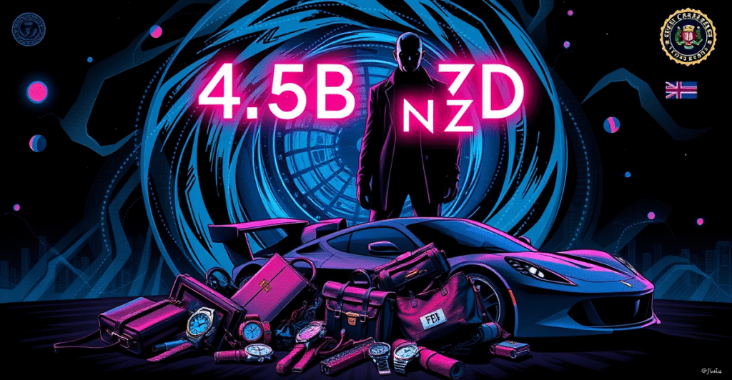 一名涉嫌全球加密货币诈骗案的阴影人物站在象征被盗4.5亿新西兰元的数字漩涡前，前景散落着奢侈品。