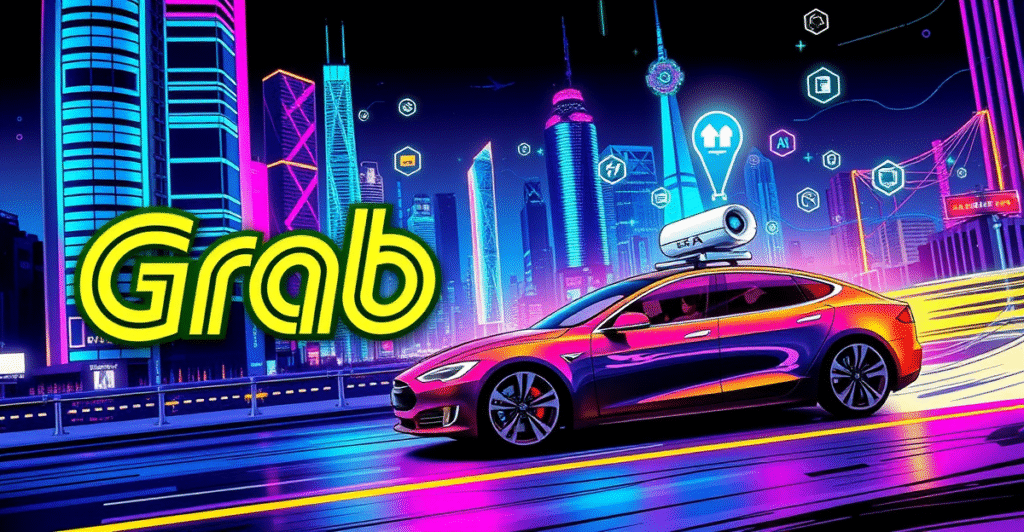 Grab与Natix合作开发地图技术的复古漫画风格插图，展示未来城市、区块链网络和特斯拉车辆