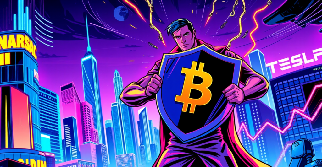 英雄人物站在比特币标志前，背景是未来城市和知名企业建筑，象征灰度比特币采用者ETF的创新投资工具。