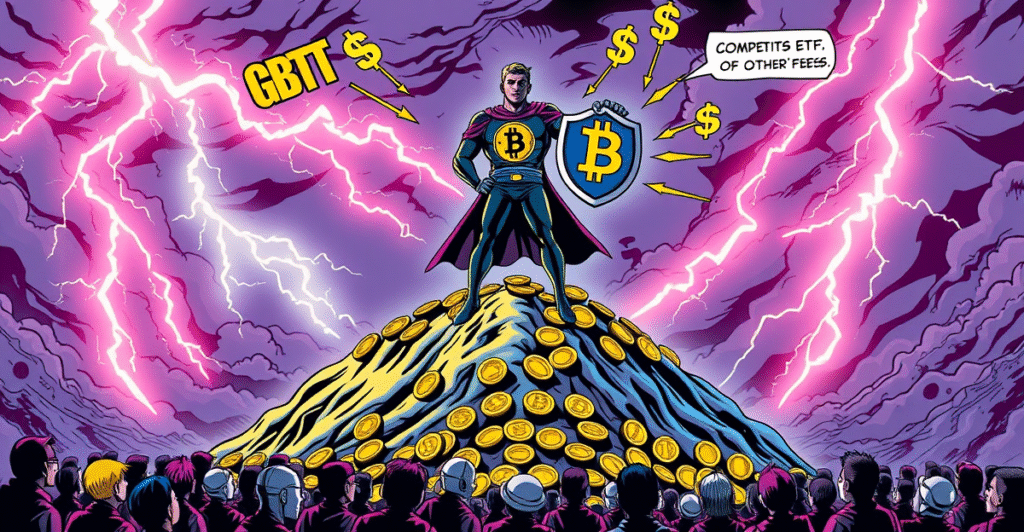 Grayscale比特币信托作为英雄形象站在金币山上，象征其在比特币投资领域的统治地位