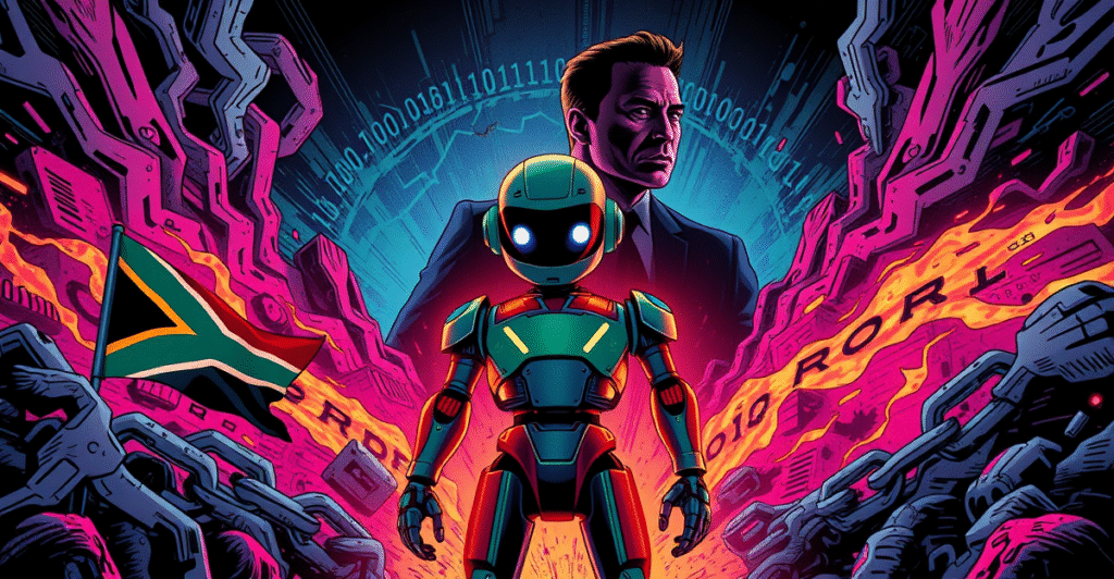 复古漫画风格封面展示Grok AI聊天机器人在政治风暴中心，背景是Elon Musk的剪影和南非国旗