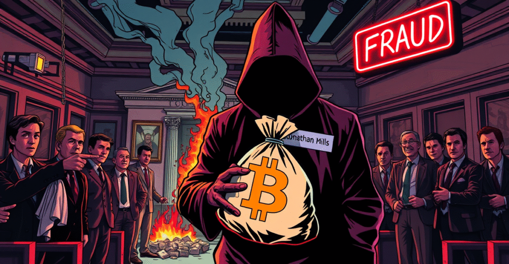 复古漫画风格插图展示Hashling NFT欺诈案，创始人Jonathan Mills被指控挪用资金