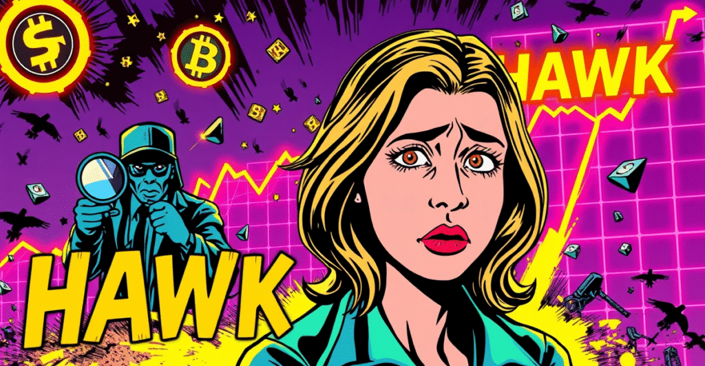 复古漫画风格插图展示'Hawk Tuah女孩'与FBI探员在HAWK模因币崩溃背景下的对峙