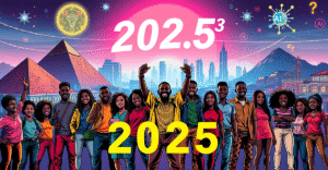 2025年Hedera非洲黑客马拉松：一群非洲开发者和企业家站在未来城市景观前，象征Web3和AI技术的融合