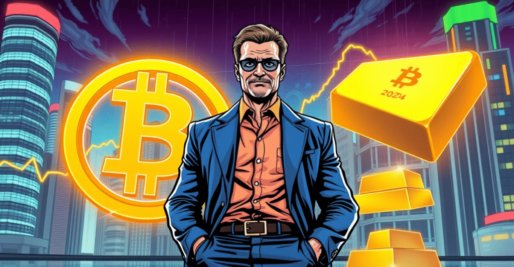 高净值客户站在发光的比特币符号前，背景是上涨的香港股市图表和闪亮的金条，象征2024年投资趋势