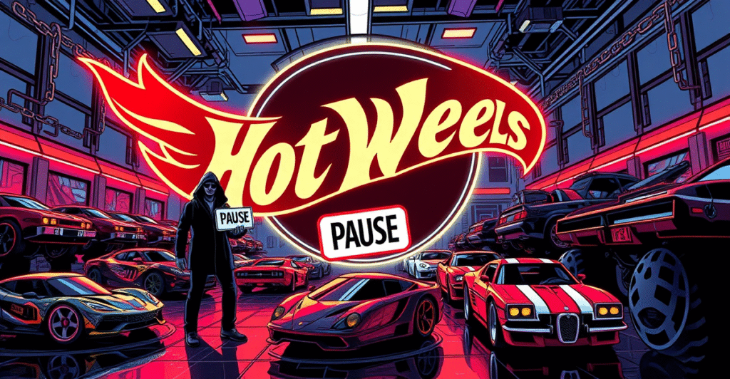 复古漫画风格封面展示Hot Wheels汽车转变为NFT，背景是发光的Hot Wheels标志和区块链数字链条。