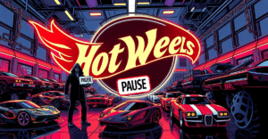 复古漫画风格封面展示Hot Wheels汽车转变为NFT，背景是发光的Hot Wheels标志和区块链数字链条。