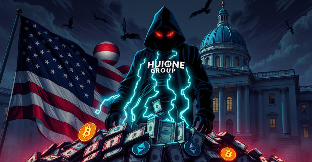 复古漫画风格插图展示Huione集团洗钱活动，背景为美国财政部大楼和加密货币符号