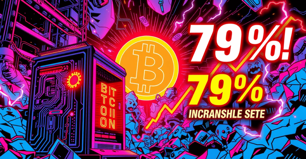复古漫画风格插图展示Hut 8算力提升79%，背景为比特币符号和上升趋势图