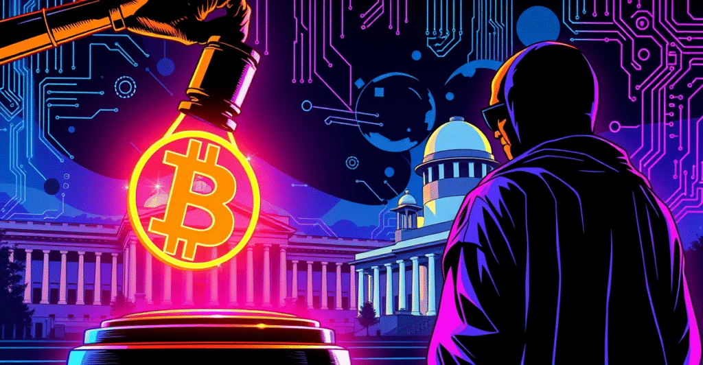 印度最高法院法官的锤子悬在发光的比特币符号上，背景是最高法院大楼，象征加密货币监管的争议