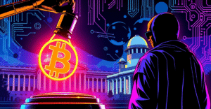 印度最高法院法官的锤子悬在发光的比特币符号上，背景是最高法院大楼，象征加密货币监管的争议