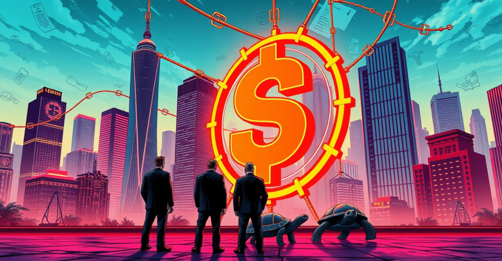 复古漫画风格插图展示律师站在Solana标志前，象征机构采用区块链的缓慢步伐