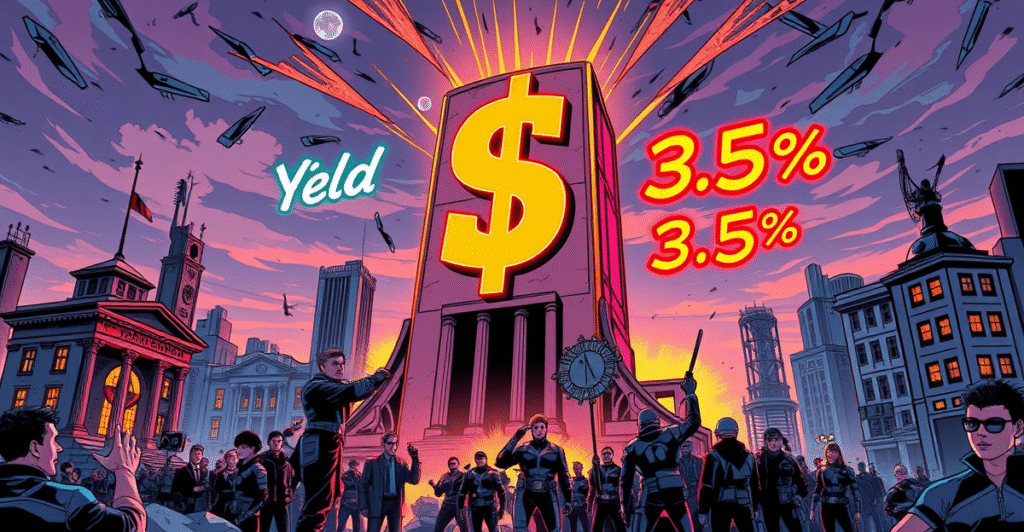 复古漫画风格封面展示生息稳定币象征性击败传统银行建筑，背景是霓虹灯和未来投资者