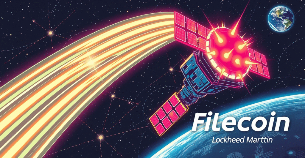 复古漫画风格的太空卫星通过IPFS节点传输数据，背景是地球和星空