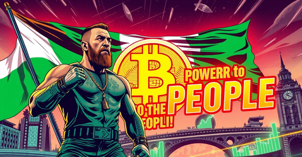 康纳·麦格雷戈站在巨大的比特币符号前，背景是爱尔兰国旗和都柏林未来城市景观，象征爱尔兰比特币储备计划