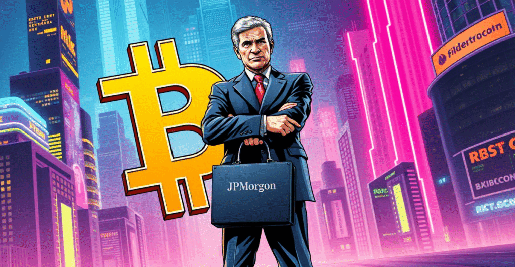 摩根大通CEO杰米·戴蒙站在巨大的比特币符号前，背景是霓虹灯下的未来城市景观