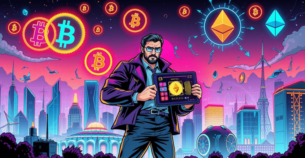 哈萨克斯坦成为中亚加密中心的复古漫画风格插图，展示数字挖矿和能源现代化的未来愿景