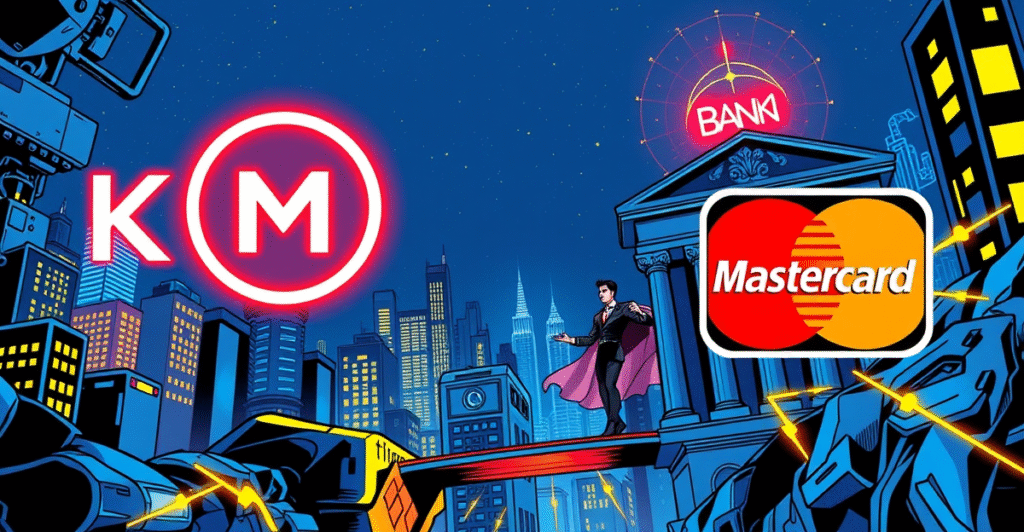 Kima去中心化结算协议与Mastercard合作的复古漫画风格封面，展示区块链技术与传统金融的融合