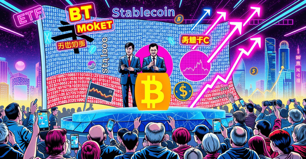 韩国总统选举中加密货币的决定性角色，三位候选人在比特币符号形状的讲台上，背景是区块链图案和上升的市场趋势