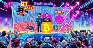 韩国总统选举中加密货币的决定性角色，三位候选人在比特币符号形状的讲台上，背景是区块链图案和上升的市场趋势