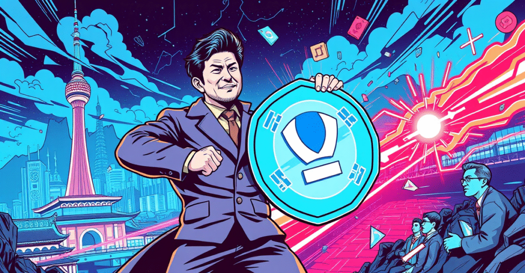 韩国民主党领袖李在明站在韩元稳定币标志前，背景是数字经济和区块链技术