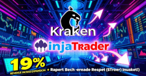 Kraken与NinjaTrader合并的复古漫画风格封面，展示全球市场扩张和19%的收入增长