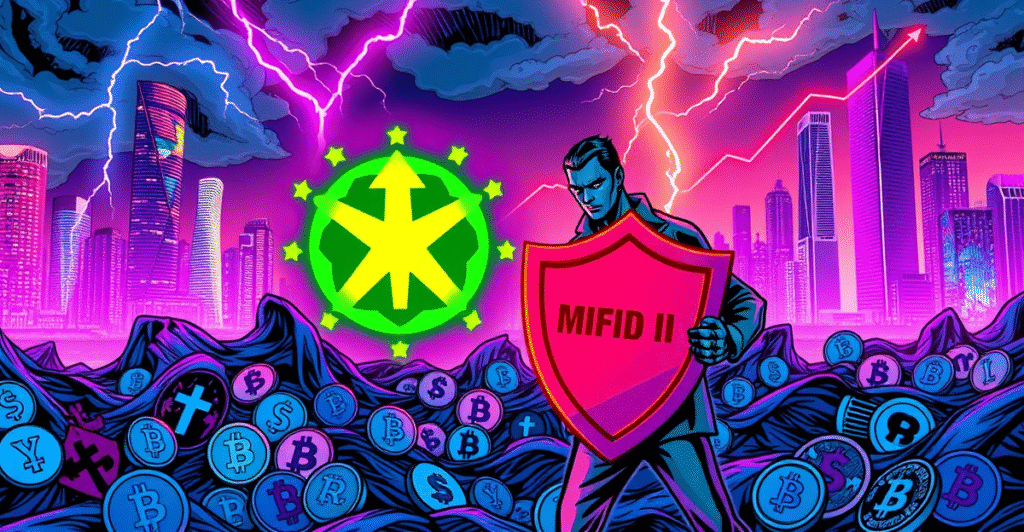 Kraken加密货币衍生品交易的复古漫画风格封面，展示交易员与MiFID II合规标志