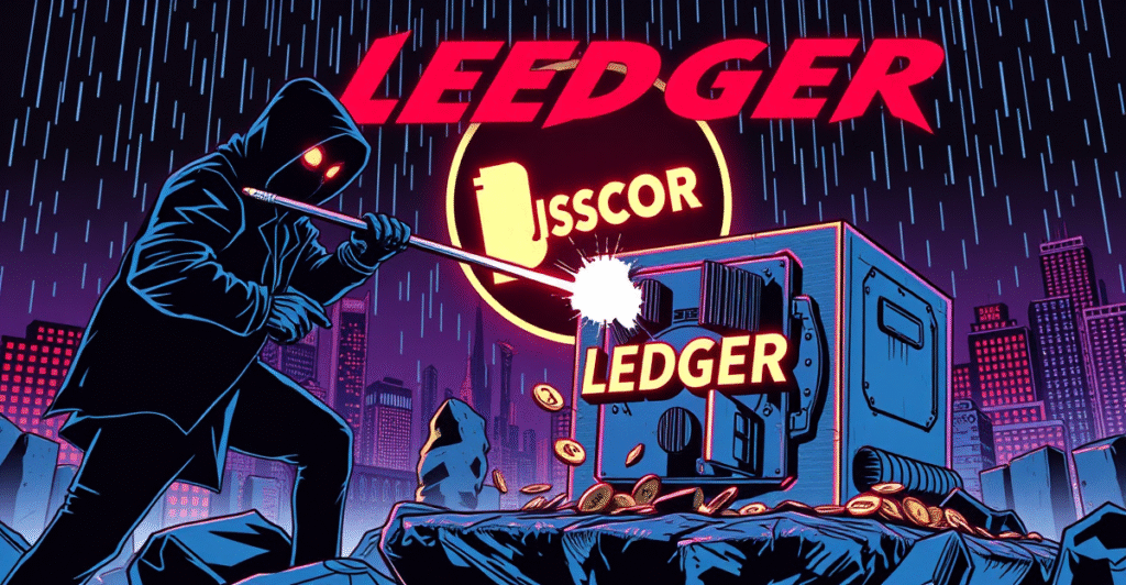 复古漫画风格插图展示Ledger安全漏洞,黑客攻击数字金库,背景是破碎的Discord标志