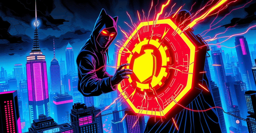 复古漫画风格插图展示Lido DAO预言机遭黑客入侵的场景，背景为霓虹灯照亮的区块链网络