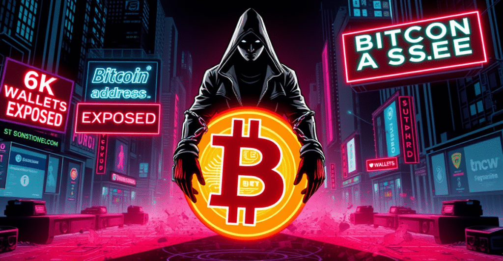 LockBit勒索软件团伙站在发光的比特币符号前，背景是数字城市景观和'6K Wallets Exposed'的霓虹标志