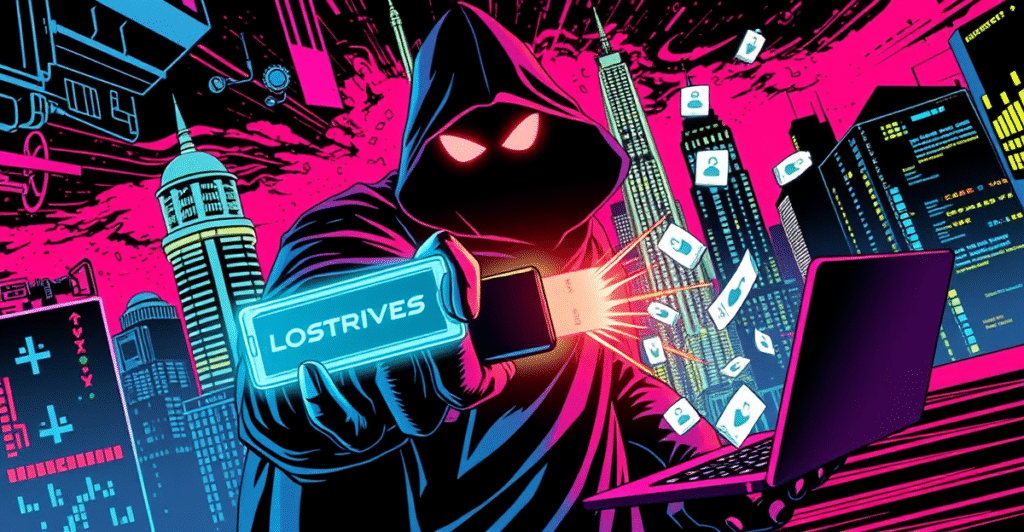 COLDRIVER组织使用LOSTKEYS恶意软件窃取文件的复古漫画风格插图