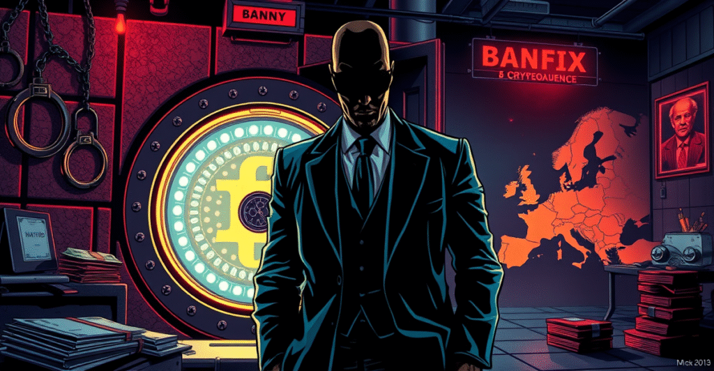 复古漫画风格的黑手党加密货币银行场景，突出犯罪与加密货币的非法交易