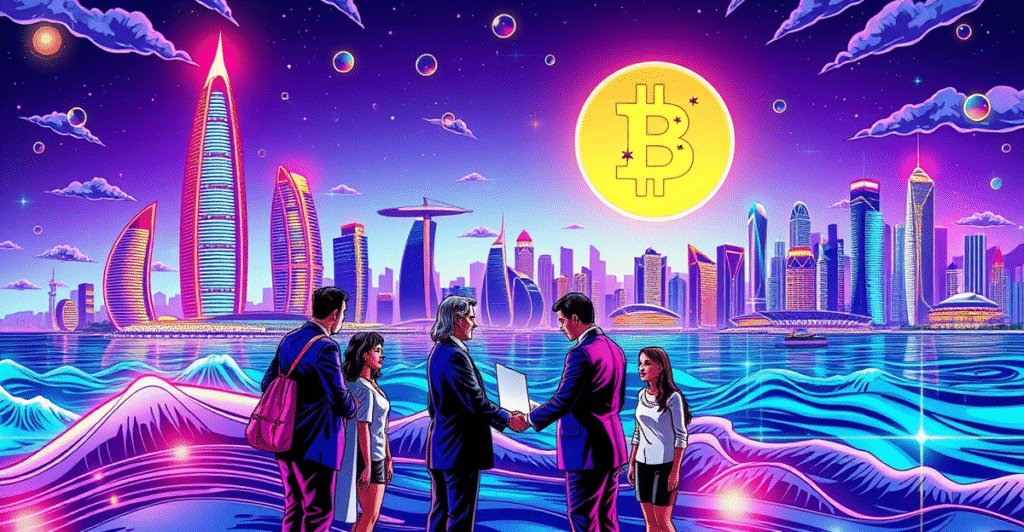 马尔代夫首都马累的复古漫画风格插图，展示了一个价值90亿美元的加密和区块链中心，背景是霓虹灯照亮的未来城市景观。