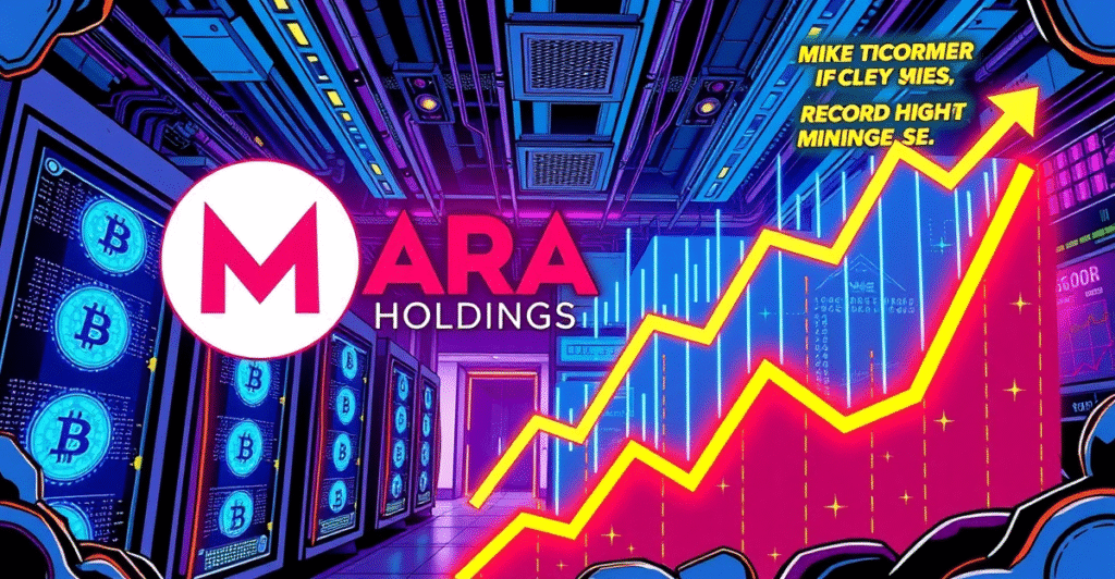 MARA Holdings的比特币挖矿设施在复古漫画风格下展现,背景是上升的收入趋势图