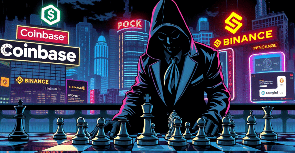 复古漫画风格插画展示市场做市商争议，阴影人物站在加密货币棋盘前，背景是霓虹灯下的交易所标志