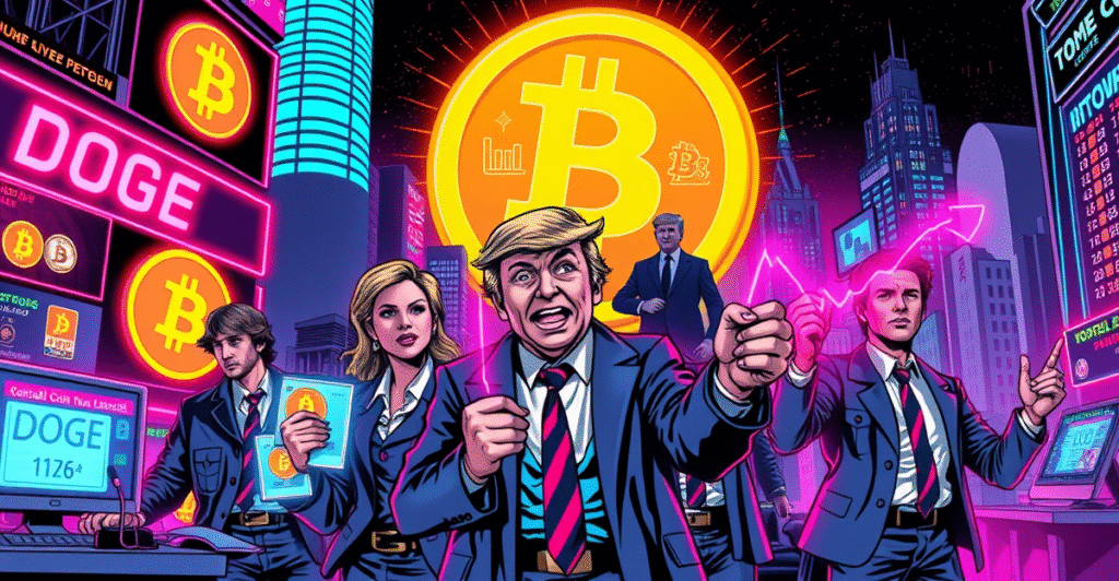 复古漫画风格插画展示交易者在霓虹城市中投机迷因币，背景是波动的市场趋势图和比特币符号