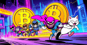 迷因币如Fartcoin、Dogwifhat、SPX6900和Popcat以超级英雄形象超越比特币，背景是霓虹未来城市和上涨趋势图。