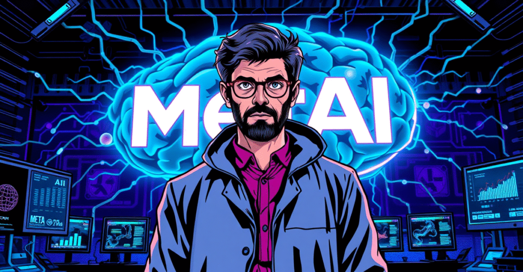 Yann LeCun站在发光的Meta AI标志前,背景是数字大脑和神经网络,象征下一代AI模型的突破