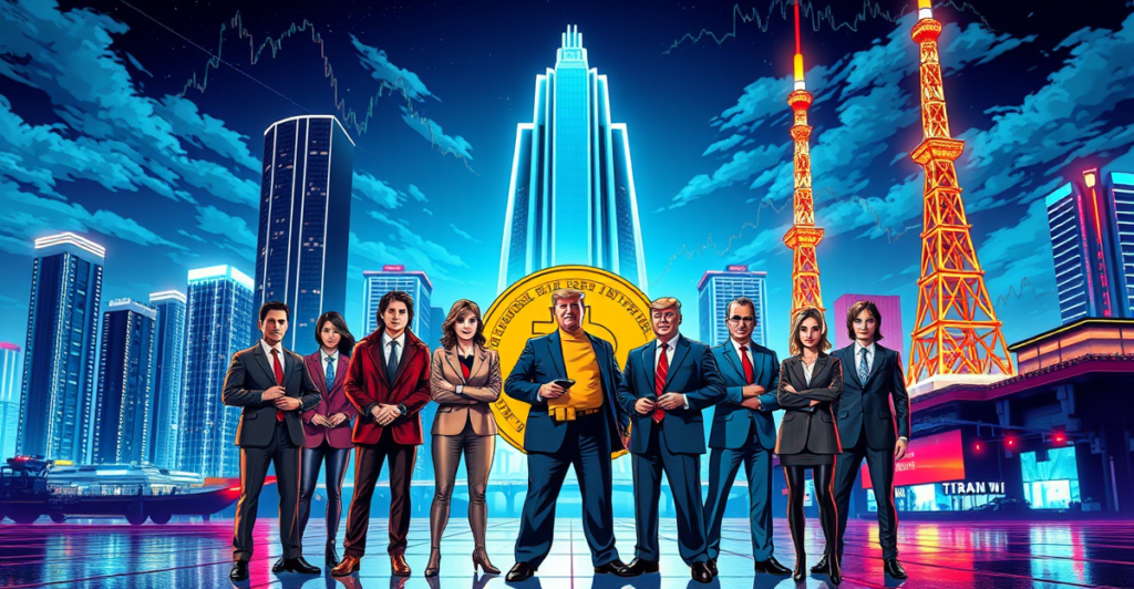 复古漫画风格封面展示Metaplanet与比特币的积累战略,背景为迈阿密和东京天际线